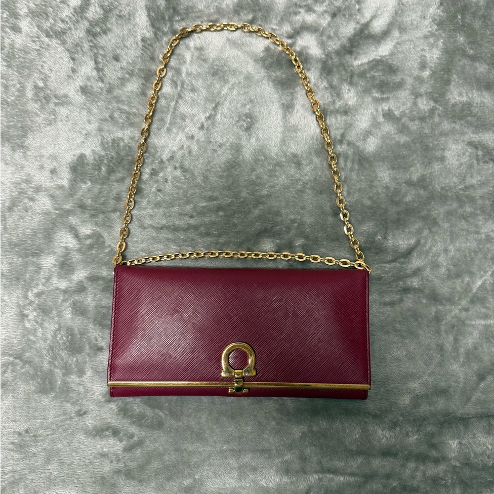 Salvatore Ferragamo Gancini Saffiano Leather Chain Wallet Burgundy Gold